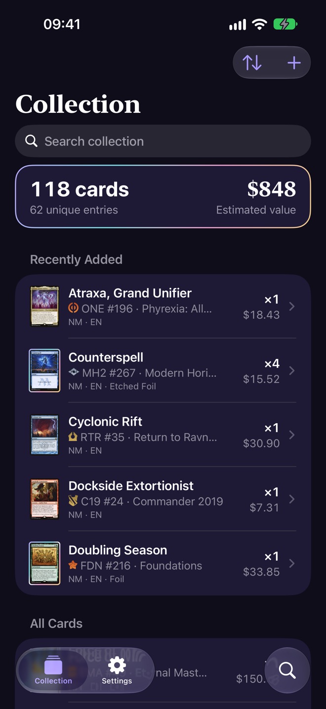 The collection, most valuable cards first, with the total value.