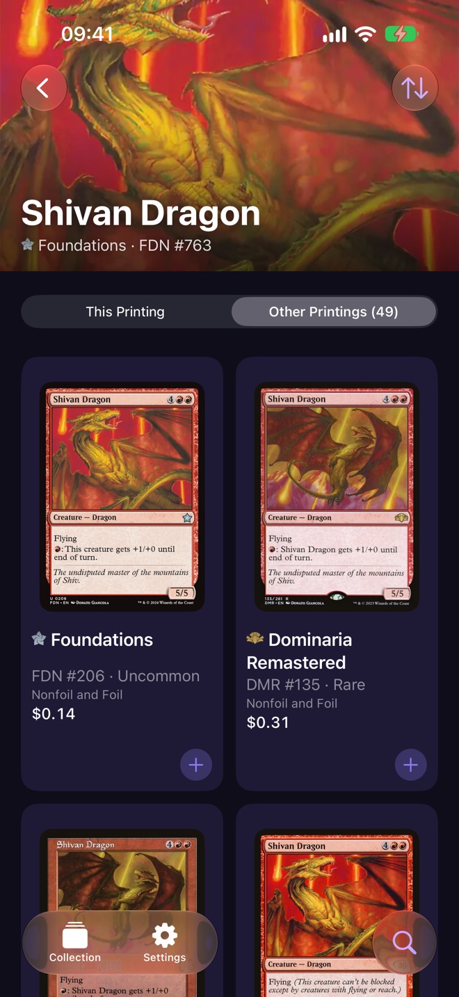 Shivan Dragon's 49 other printings, each with its set, rarity and price.